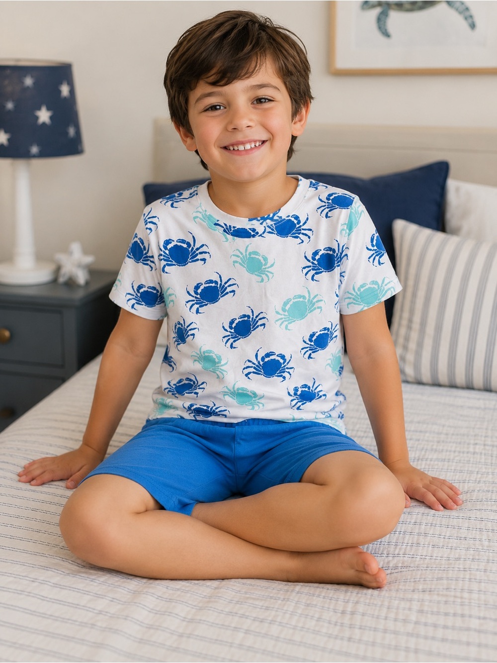 Kids Blue Crab Print Pajama Set - Short Sleeve Top & Shorts